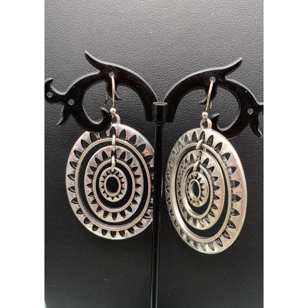 Silver Tone Western Southwestern 3 Hoop Dangle Pierced Earrings